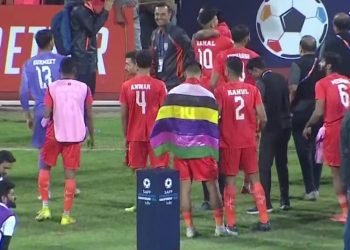 Jeakson Singh wearing Meitei flag, Kangleipak at the presentation ceremony of SAFF Championship final