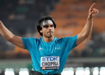 Neeraj Chopra, of India, reacts after winning the gold medal in the Men's javelin throw final during the World Athletics Championships in Budapest, Hungary on August 27, 2023. (PC: AP/PTI)
