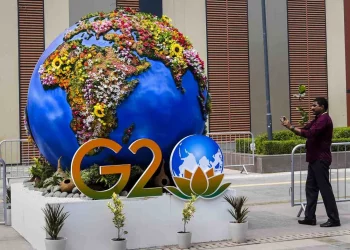 A G20-themed installation put up at the Bharat Mandapam in preparation of the G20 Summit, at Pragati Maidan in New Delhi. (Photo: PTI)