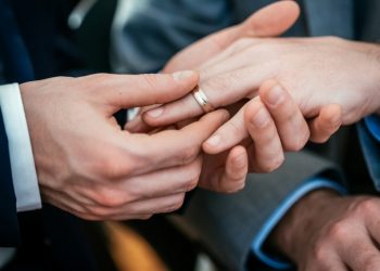 Gay Wedding Groom Placing Ring On Husband