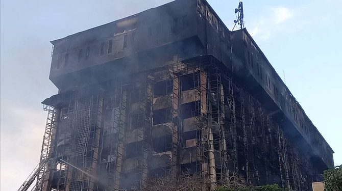 A view of efforts to douse a fire that broke out at a police facility, in Ismailia, Egypt, October 2, 2023 in this screen grab obtained from social media video. Mimi Eroq/via REUTERS  THIS IMAGE HAS BEEN SUPPLIED BY A THIRD PARTY. MANDATORY CREDIT. NO RESALES. NO ARCHIVES.