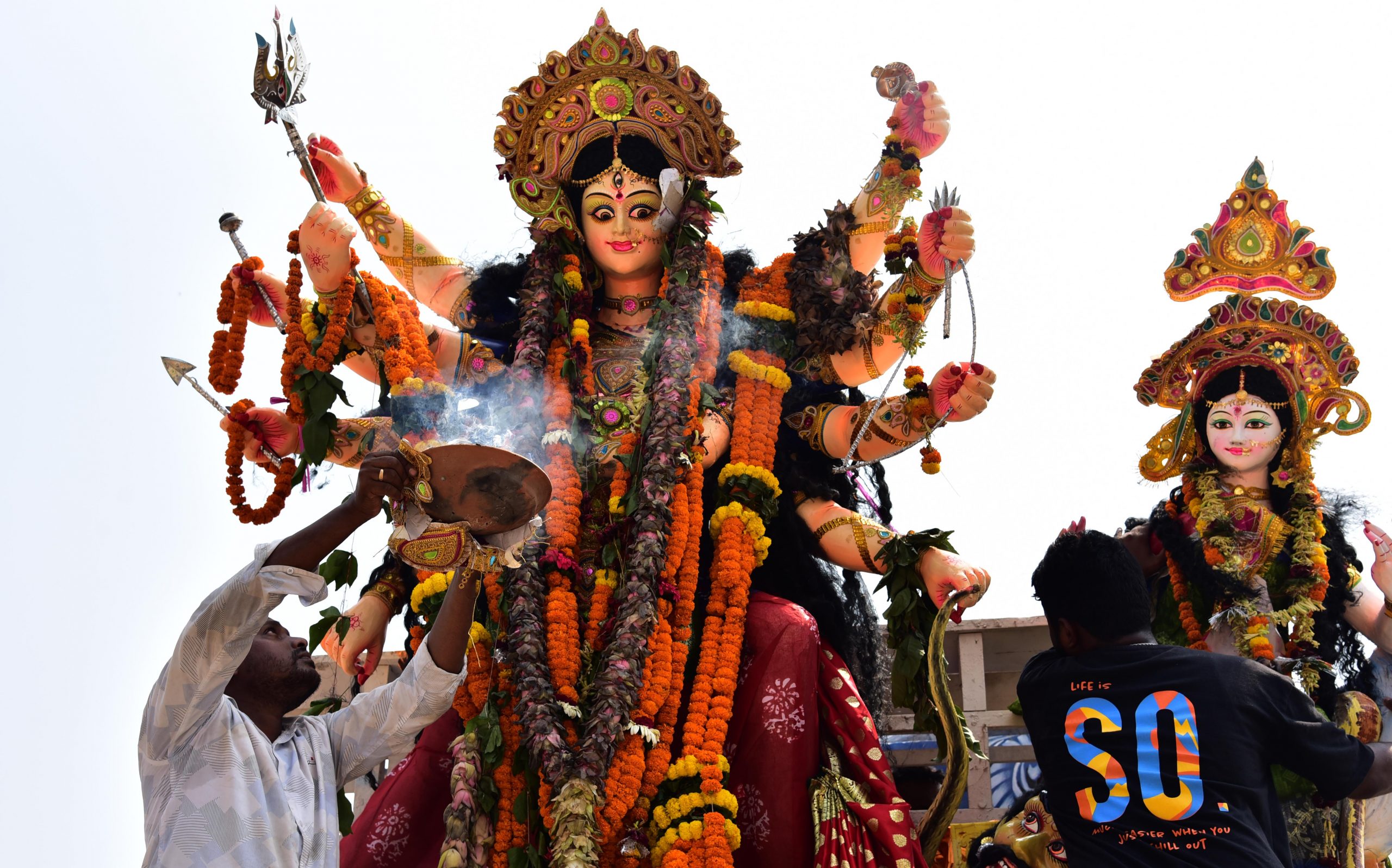 Earthen idols of goddess Durga were immersed in artificial ponds at kuakhai river on Wednesday (1)