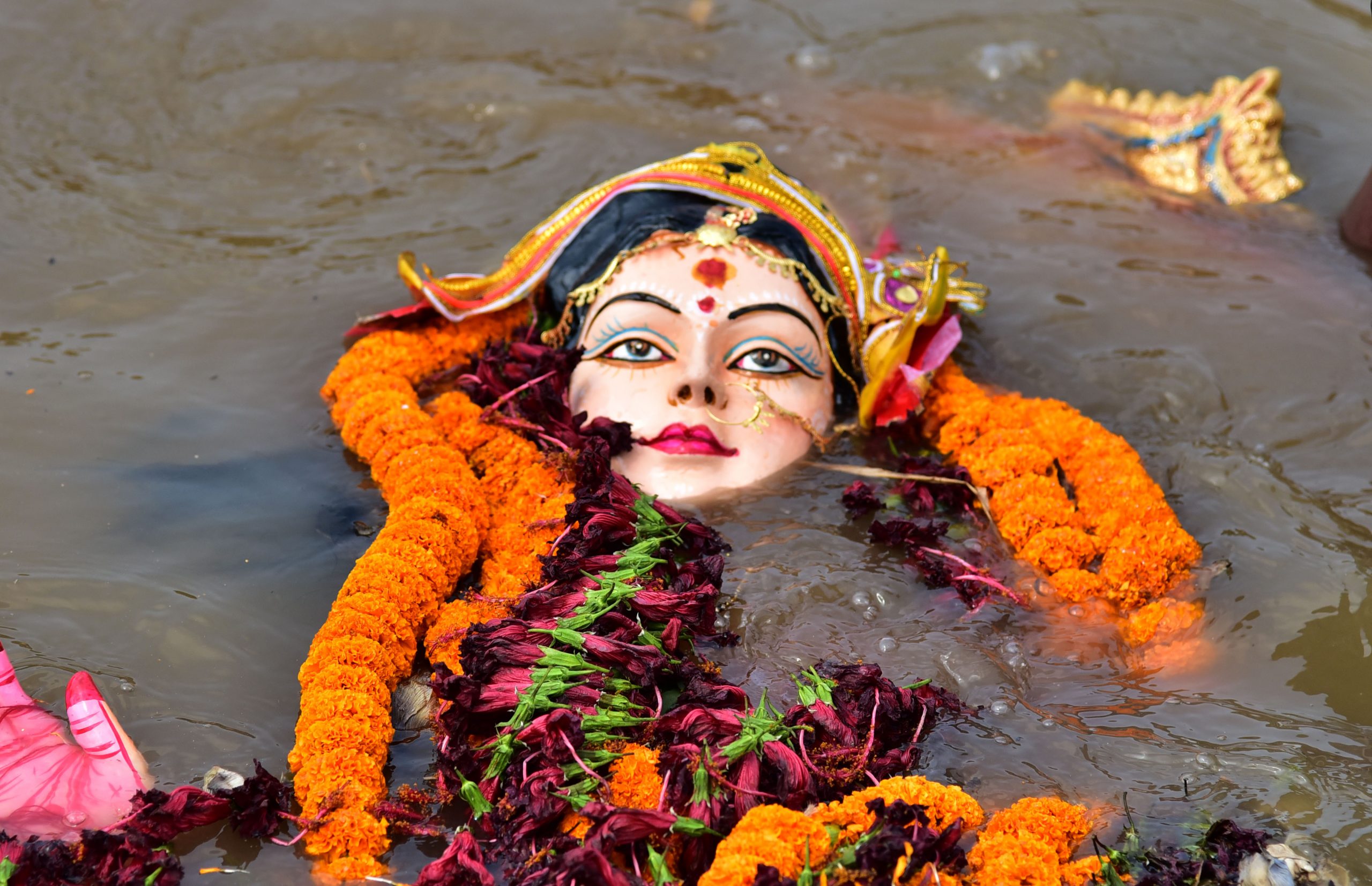 Earthen idols of goddess Durga were immersed in artificial ponds at kuakhai river on Wednesday (3)