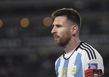 Argentina's Lionel Messi gestures during a qualifying soccer match for the FIFA World Cup 2026 against Paraguay at the Monumental stadium in Buenos Aires, Argentina, Thursday, Oct. 12, 2023. (AP Photo/Gustavo Garello)