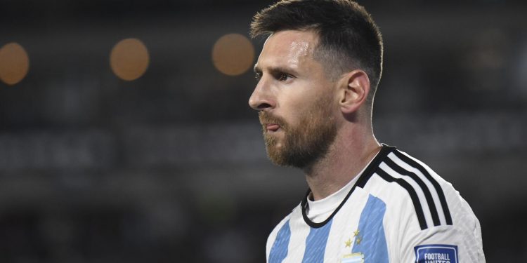 Argentina's Lionel Messi gestures during a qualifying soccer match for the FIFA World Cup 2026 against Paraguay at the Monumental stadium in Buenos Aires, Argentina, Thursday, Oct. 12, 2023. (AP Photo/Gustavo Garello)