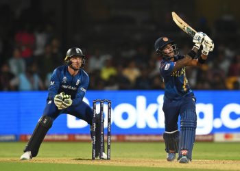 BANGALORE, INDIA - OCTOBER 26: Pathum Nissanka of Sri Lanka plays a shot as Jos Buttler of England keeps during the ICC Men's Cricket World Cup India 2023 between England and Sri Lanka at M. Chinnaswamy Stadium on October 26, 2023 in Bangalore, India. (Photo by Gareth Copley/Getty Images)