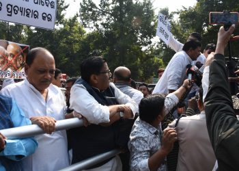 INDIA bloc leaders stage protest in Bhubaneswar over suspension of 146 opposition MPs