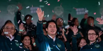Taiwanese Vice President Lai Ching-te, also known as William Lai, left, celebrates his victory with running mate Bi-khim Hsiao in Taipei, Taiwan. [Louise Delmotte/AP Photo]