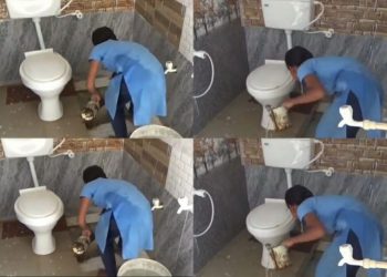 student cleaning Karnataka school toilet