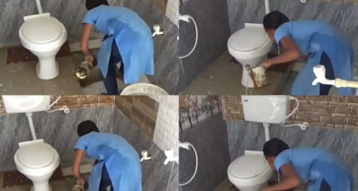 student cleaning Karnataka school toilet