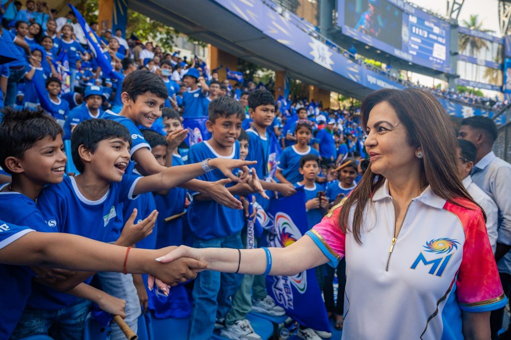 Nita Ambani owner of Mumbai Indians is seen with the NGO kids during an ESA game at Wankhede Stadium in Mumbai on 7th of April, 2024. Pal PILLAI/Focus Sports/MI