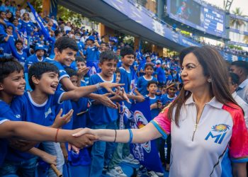 Nita Ambani owner of Mumbai Indians is seen with the NGO kids during an ESA game at Wankhede Stadium in Mumbai on 7th of April, 2024. Pal PILLAI/Focus Sports/MI