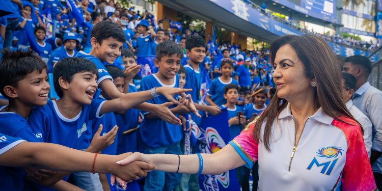 Nita Ambani owner of Mumbai Indians is seen with the NGO kids during an ESA game at Wankhede Stadium in Mumbai on 7th of April, 2024. Pal PILLAI/Focus Sports/MI