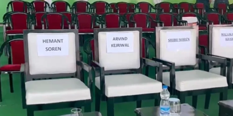 Empty chairs on stage for jailed Hemant Soren, Delhi CM in INDIA mega rally