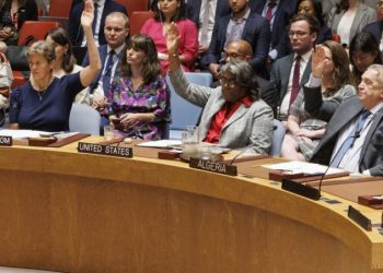 Ambassadors of the Security Council vote in favor of the draft resolution on a ceasefire in Gaza during a meeting at UN Headquarters in New York, New York, USA, 10 June 2024. The council ultimately passed a resolution by the United States that supports a plan presented by US President Joe Biden for a ceasefire in the Israel-Gaza conflict. [EPA-EFE/SARAH YENESEL]