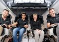 Left to right: Tibor Kapu of Hungary, ISRO astronaut Shubhanshu Shukla of India, former NASA astronaut Peggy Whitson, and ESA astronaut Sławosz Uznański-Wiśniewski of Poland | SpaceX