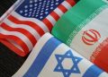 SHANGHAI, CHINA - JUNE 30, 2025 - The flags of the United States, Israel and Iran, Shanghai, China on June 30, 2025.