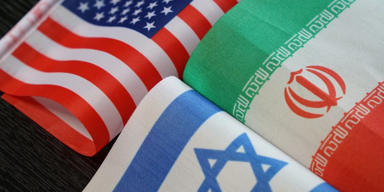 SHANGHAI, CHINA - JUNE 30, 2025 - The flags of the United States, Israel and Iran, Shanghai, China on June 30, 2025.