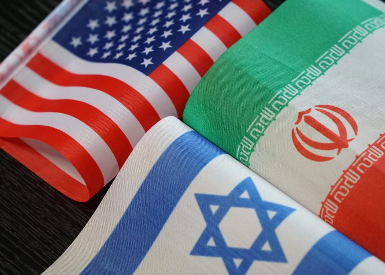 SHANGHAI, CHINA - JUNE 30, 2025 - The flags of the United States, Israel and Iran, Shanghai, China on June 30, 2025.