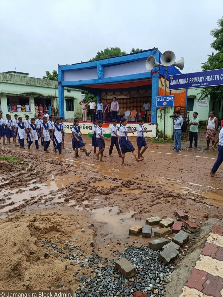 Independence Day celebration: Waterproof tent for officials, students left out in muddy field