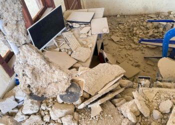 A monitor stands among debris at a building collapse following an earthquake of magnitude 7.7 in Golo Lewe village, West Manggarai, East Nusa Tenggara, Indonesia, August 15, 2026. REUTERS/Paula Venia