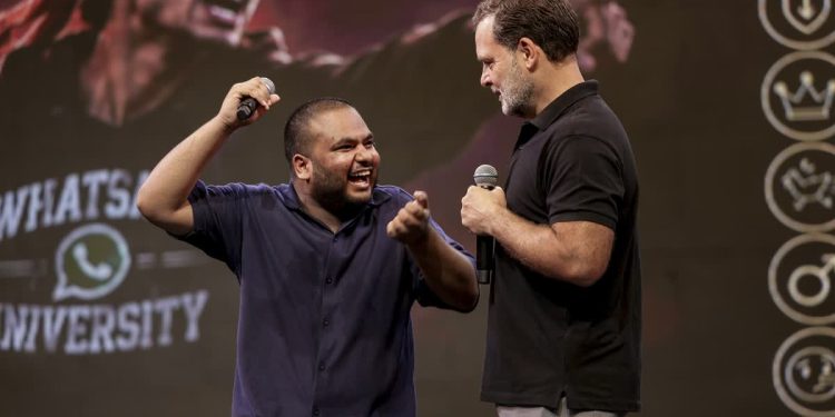 Leader of Opposition in the Lok Sabha Rahul Gandhi with comedian Pulkit Mani during the 'Chhatron ki Goonj' event, in Indore, Madhya Pradesh. (PTI)