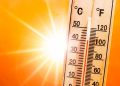 Background for a hot summer or heat wave, orange sky with with bright sun and thermometer